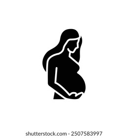 Symbol für Schwangerschaft. Einfacher, solider Stil. Schwangere Frau, Mutter, Dame, Fruchtbarkeit, Mutter, Baby, Mutter, Gynäkologie, Gesundheitskonzept. Schwarze Silhouette, Glyphensymbol. Vektorgrafik einzeln.