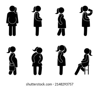 pregnancy icon, stick figure stickman, pregnant woman pictogram, various poses