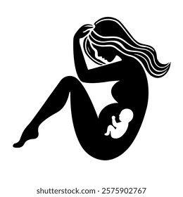 Pregnancy icon. Vector illustration, Black silhouette of pregnant woman.