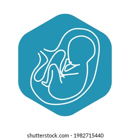 The pregnancy icon. A white outline of a baby with an umbilical cord in the uterus at the last stage of pregnancy. Vector illustration isolated on a white background for design and web.