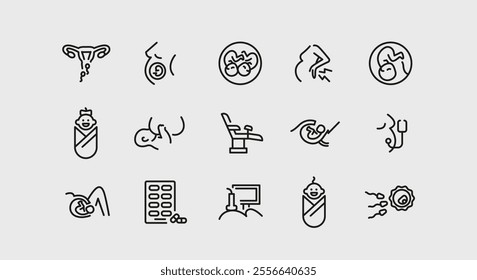 Pregnancy icons. Set of 15 pregnancy trendy minimal icons. Fetus, Ultrasound, Test, Baby, Embryo icon. Design signs for web page, mobile app, packaging design. Vector illustration.