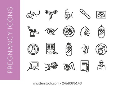 Pregnancy icons. Set of 20 pregnancy trendy minimal icons. Fetus, Ultrasound, Test, Baby, Embryo icon. Design signs for web page, mobile app, packaging design. Vector illustration.