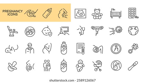 Pregnancy icons. Set of 31 pregnancy trendy minimal icons. Fetus, Ultrasound, Test, Baby, Embryo icon. Design signs for web page, mobile app, packaging design. Vector illustration.