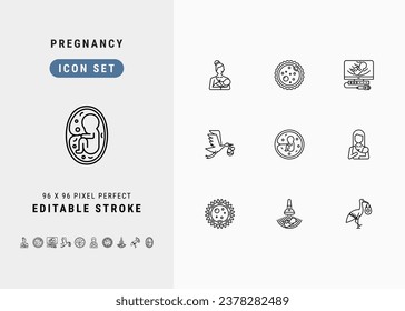 Pregnancy Includes Breastfeeding, Ovum, Ultrasound, Stork and Fetus. Line Icons Set. Editable Stroke Vector Stock. 96 x 96 Pixel Perfect.