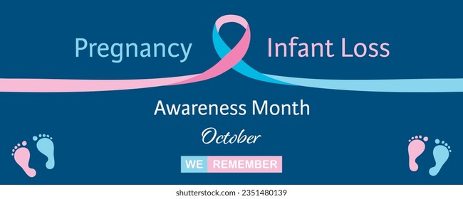 Pregnancy and infant loss awareness month (SIDS) banner. Every year in October remember those who have lost a child during pregnancy or in infancy. Banner with baby feet on blue background