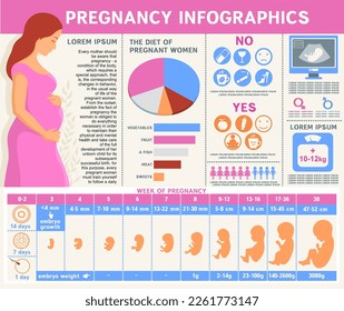 Pregnancy infographic. Health of pregnant women and fetal development. Vector illustration with icons set and design elements.  Constructor for creating your own design, infographics. 