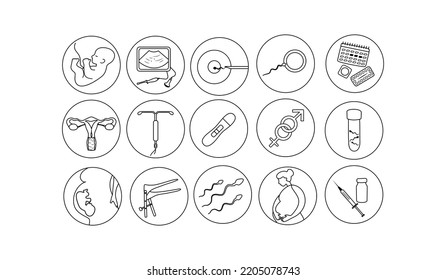 Pregnancy insemination contraception concept. Woman fertility icon set. Obstetrics signs collection.