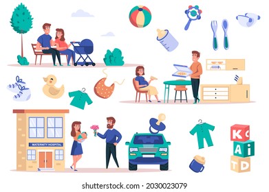 Pregnancy isolated elements set. Bundle of mom and dad with newborn sitting in park, pregnant woman eating pizza, childbirth in hospital. Creator kit for vector illustration in flat cartoon design