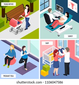 Pregnancy isometric design concept, medical survey, yoga for women, waiting baby, young mother isolated vector illustration