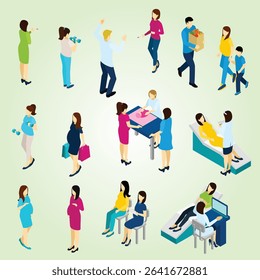 Pregnancy isometric Icons Set parenting beauty newborn medical people relax adult infant cheerful health care caressing preparation clinic