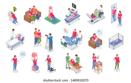 Pregnancy isometric icons set with pregnant women consulting doctor doing fitness and parents caring for baby isolated on white background 3d vector illustration