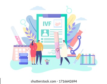 Pregnancy IVF technology, concept vector illustration. Infertility treatment, artificial insemination. Man woman patient stand near large medical form, doctor bring tube with sperm and fertilized egg.