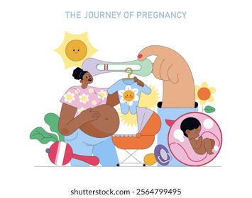 Pregnancy Journey concept. Illustration capturing the excitement from positive test to newborn baby with playful, maternal elements. Vector illustration.