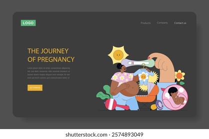 Pregnancy journey illustration. Maternal health and prenatal care with diverse elements of gestation. Expectant mother, fetus growth, and maternity joy. Vector illustration.