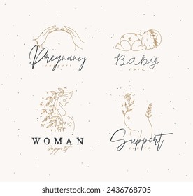 Etiquetas de embarazo torso femenino, silueta de una mujer embarazada, niño dormido con dibujo de letras en estilo floral de dibujo a mano sobre fondo beige