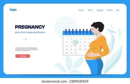 Pregnancy landing page. Mother and baby characters on maternity leave banner, cartoon pregnant woman characters on banner. Vector illustration. Young person expecting kid website template