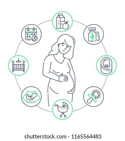 Pregnancy - line design style illustration on white background. High quality composition with a young woman expecting a baby, a set of icons related to birth, cart, toddler, healthy food, calendar