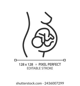 Pregnancy linear icon. Pregnant woman, childbearing. Maternity womb, gestational carrier. Embryo baby, childcare. Thin line illustration. Contour symbol. Vector outline drawing. Editable stroke