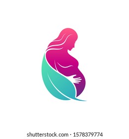 Pregnancy logo, vector of pregnant women and leaves, healthy mother's logo, nutrition and care for pregnant women logo template