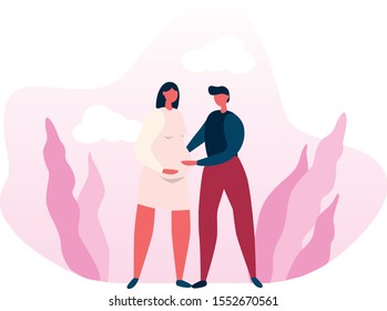 Pregnancy. Man touches women's belly with a baby. Pregnant, romantic, love, family, couple, wife, husband. Flat illustration in vector