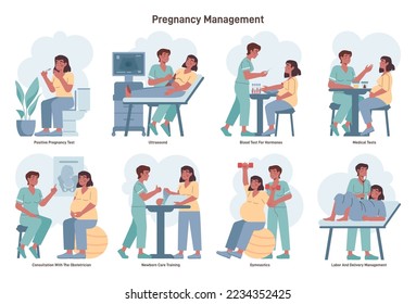 Pregnancy management set. Pregnancy planing, ultrasound, prenatal diagnostics and tests, reproductive assistance. Medical clinic service. Flat vector illustration