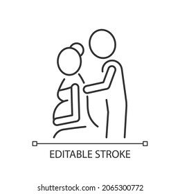 Pregnancy massage linear icon. Relaxing expecting mother body. Prenatal massage therapy. Thin line customizable illustration. Contour symbol. Vector isolated outline drawing. Editable stroke