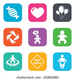 Pregnancy, maternity and baby care icons. Candy, strollers and fasten seat belt signs. Footprint, love and balloon symbols. Flat square buttons. Vector