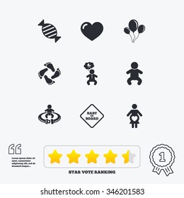 Pregnancy, maternity and baby care icons. Candy, strollers and fasten seat belt signs. Footprint, love and balloon symbols. Star vote ranking. Award achievement and quotes.