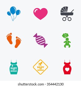 Pregnancy, maternity and baby care icons. Newborn, strollers and pacifier signs. Footprint, candy and love symbols. Flat colored graphic icons.