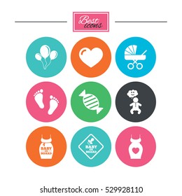 Pregnancy, maternity and baby care icons. Newborn, strollers and pacifier signs. Footprint, candy and love symbols. Colorful flat buttons with icons. Vector
