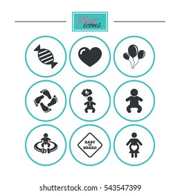 Pregnancy, maternity and baby care icons. Candy, strollers and fasten seat belt signs. Footprint, love and balloon symbols. Round flat buttons with icons. Vector