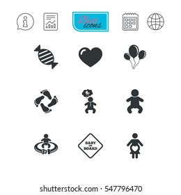 Pregnancy, maternity and baby care icons. Candy, strollers and fasten seat belt signs. Footprint, love and balloon symbols. Report document, calendar and information web icons. Vector