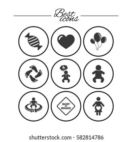 Pregnancy, maternity and baby care icons. Candy, strollers and fasten seat belt signs. Footprint, love and balloon symbols. Classic simple flat icons. Vector