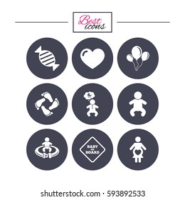 Pregnancy, maternity and baby care icons. Candy, strollers and fasten seat belt signs. Footprint, love and balloon symbols. Classic simple flat icons. Vector