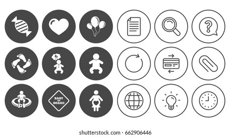 Pregnancy, maternity and baby care icons. Candy, strollers and fasten seat belt signs. Footprint, love and balloon symbols. Document, Globe and Clock line signs. Lamp, Magnifier and Paper clip icons