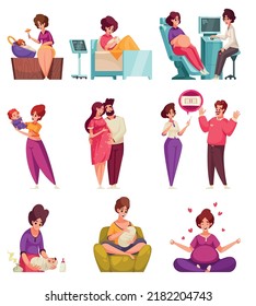 Pregnancy and maternity cartoon icons set with pregnant woman and happy mother with newborn baby isolated vector illustration