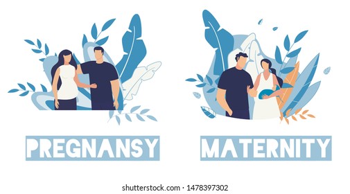 Pregnancy and Maternity Cartoon People Characters Cards Set. Happy Family, Husband and Wife Wait for Childbirth and Babysit. Parenthood and Healthcare. Vector Flat Illustration with Natural Design