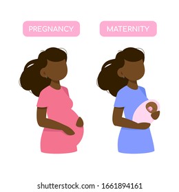 Pregnancy and maternity cartoon vector illustration on white background. Pregnant woman of color character and mother holding baby