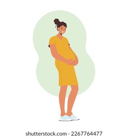 Pregnancy and Maternity Concept with Joyous Pregnant Woman Wearing Loose And Comfortable Garment Embracing Big Belly and Happily Smile. Beautiful Female Character. Cartoon Vector Illustration