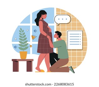 Pregnancy and maternity concept. Young man preparing to become father. Husband kisses belly of his pregnant wife. Parenthood and expectation of newborn baby. Cartoon flat vector illustration