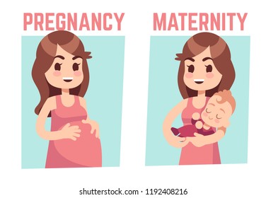 Pregnancy and maternity concept. Young pregnant woman and happy mother with newborn baby. Vector illustration mother with baby, motherhood concept