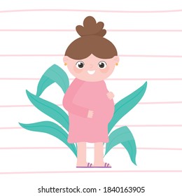 pregnancy and maternity, cute pregnant woman in pink dress cartoon vector illustration