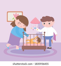 pregnancy and maternity, happy mom and dad with baby in crib vector illustration