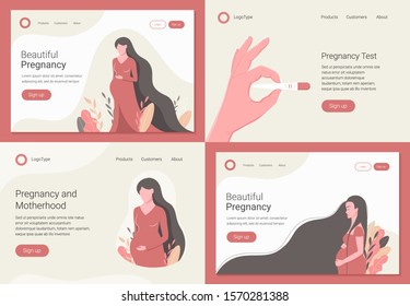 Pregnancy and maternity landing page set. Happy beautiful pregnant woman, hand with pregnancy test. Trendy flat style. Vector illustration.
