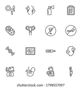 Pregnancy and maternity line icons set, outline vector symbol collection, linear style pictogram pack. Signs, logo illustration. Set includes icons as newborn baby, pregnant woman, sperm and ovum