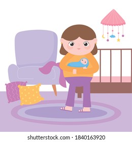 pregnancy and maternity, mom with baby in hands in the room with crib and chair vector illustration
