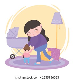 pregnancy and maternity, mom walking with her little daughter and pram vector illustration