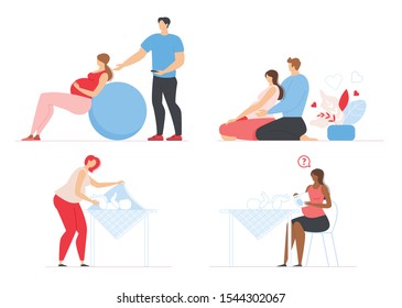Pregnancy, Maternity and Parenting Scenes Flat Set. Mother Caring for Infant Newborn Baby Bundle. Pregnant Woman Wife and Man Husband Kit. Daily Activities and Fitness. Cartoon Vector Illustration