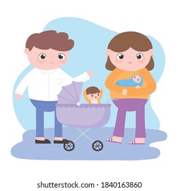 pregnancy and maternity, parents with baby and little boy in the pram vector illustration