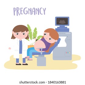 pregnancy and maternity, pregnant woman under medical check-up with female doctor vector illustration